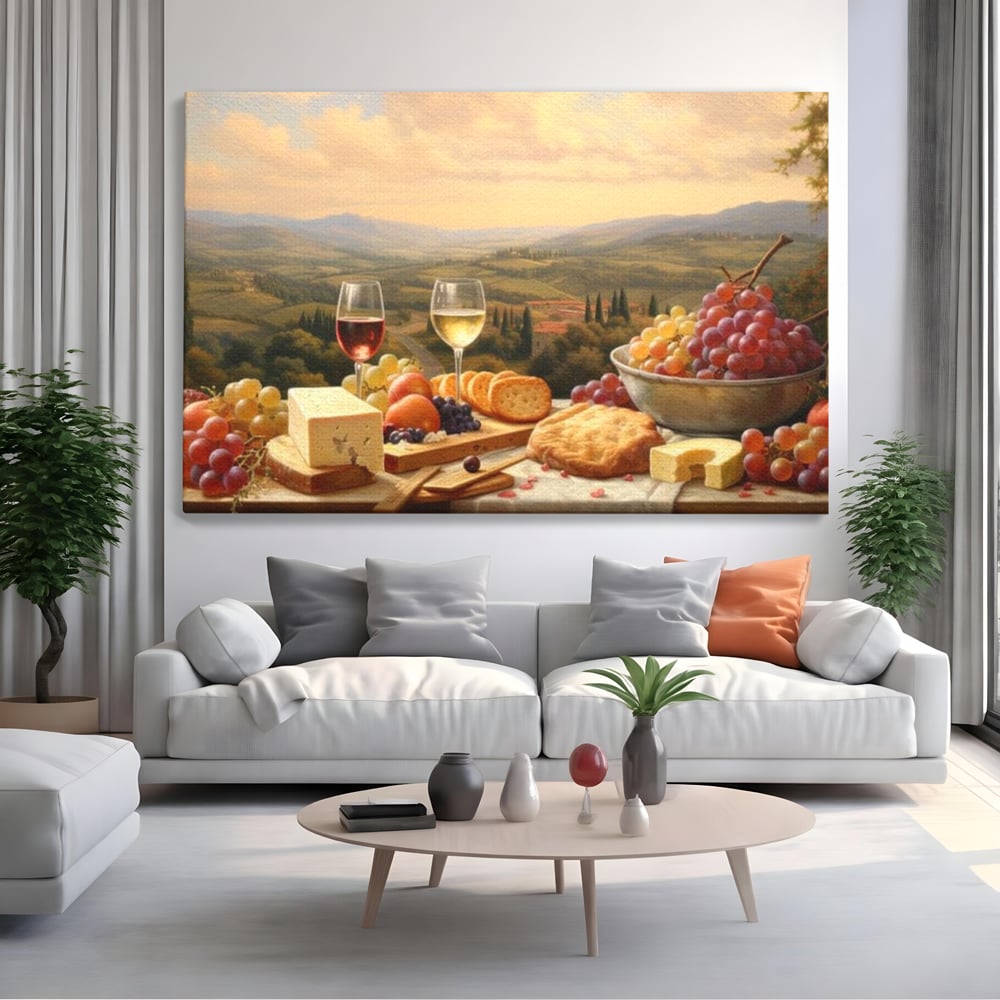Tablou canvas cu tablou canvas cu peisaj tomnatic si masa imbelsugata, fara rama, pe sasiu de lemn, pe perete intr-un living